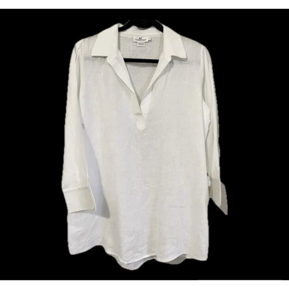 Vineyard Vines White Linen Top Womens Small 3/4 Sleeve Minimalist Coastal Resort